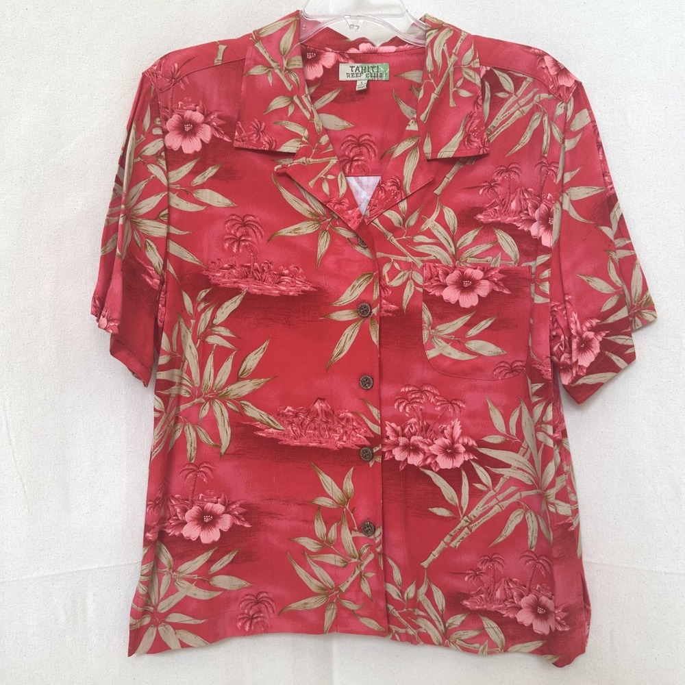 Tahiti Reef Club Resort Womens Red Tropical Floral Rayon Hawaiian Shirt Size L